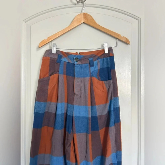 Free People Plaid Blue Brown Wide Leg Trouser size 2 NWOT - Picture 4 of 12